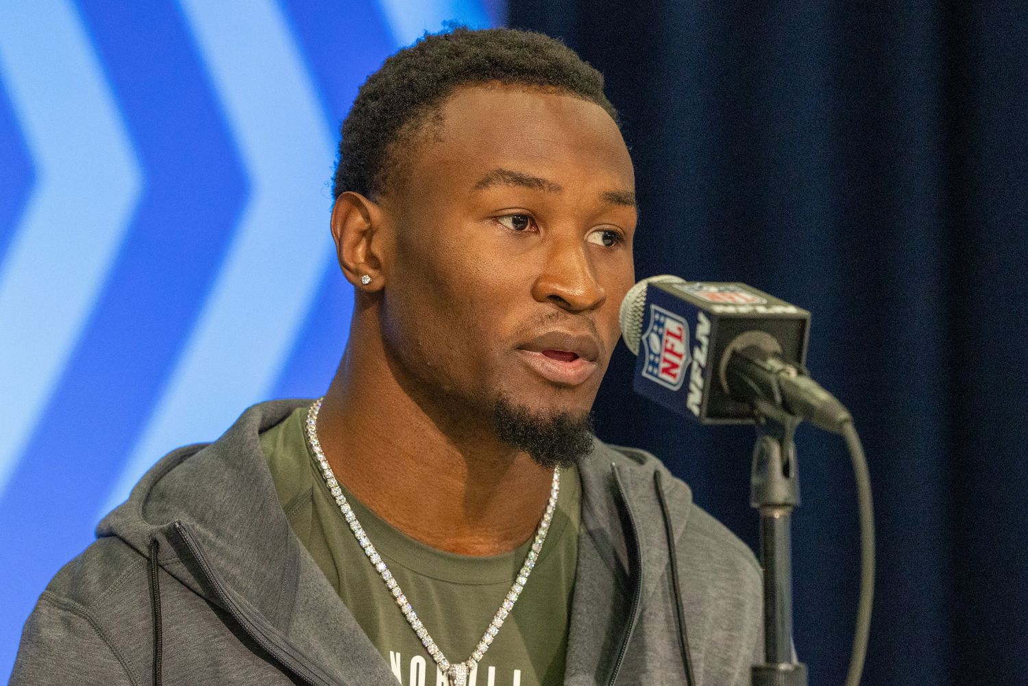 Feb 29, 2024; Indianapolis, IN, USA; Minnesota defensive back Tyler Nubin (DB56) talks to the media during the 2024 NFL Combine at Lucas Oil Stadium.